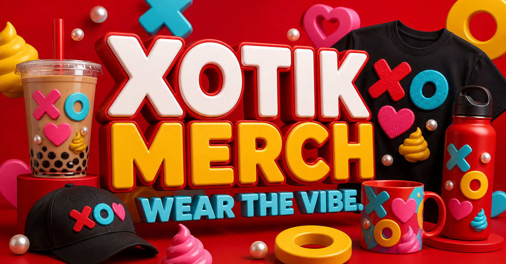 Xotik merchandise collection with a cup, T-shirt, hat, mug, and water bottle